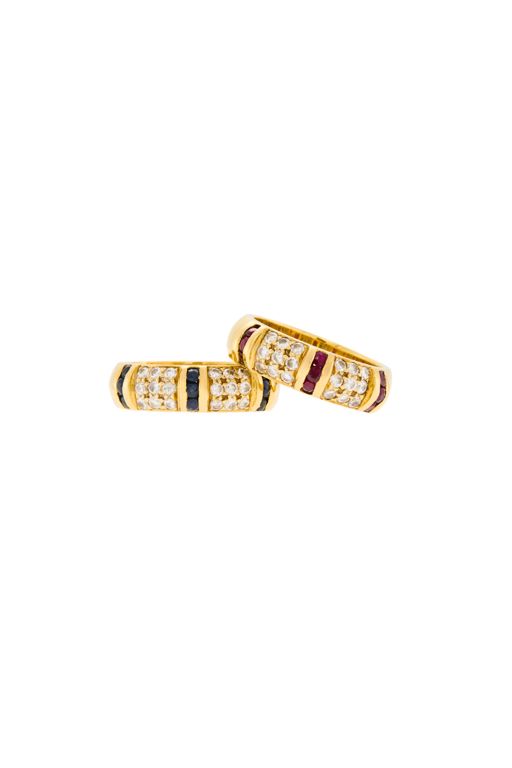 Pair of 18k Gold Sapphire, Ruby and Diamond Rings