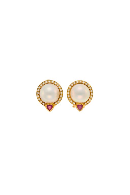 Pair of 18k Gold Pearl, Ruby and Diamond Earrings