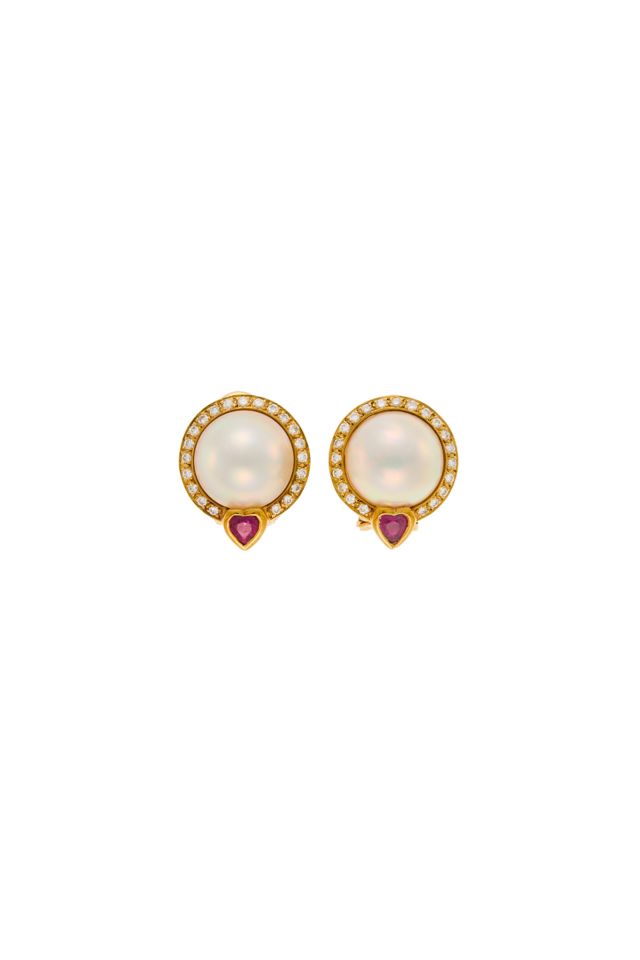 Pair of 18k Gold Pearl, Ruby and Diamond Earrings