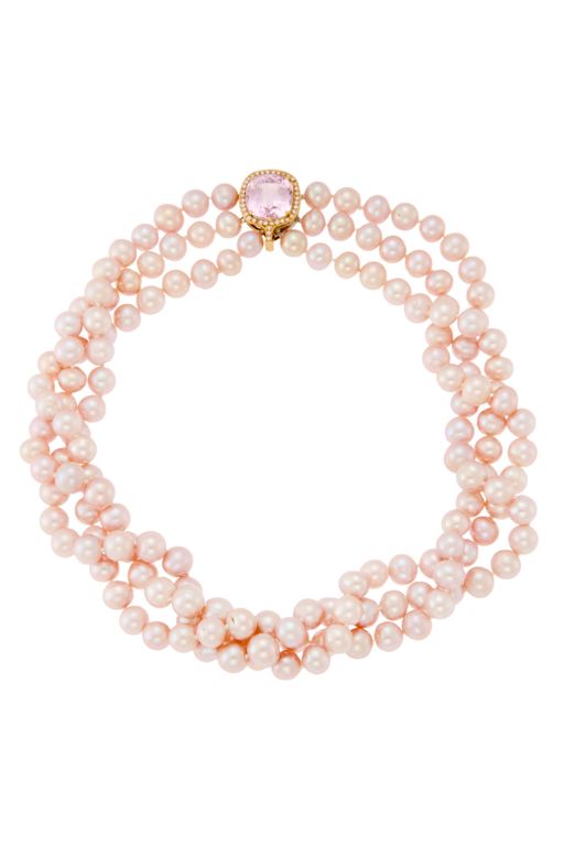 18k Gold Pearl, Kunzite and Diamond Necklace