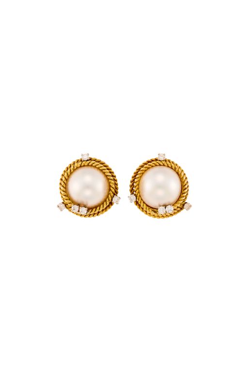 Pair of 18k Gold Pearl and Diamond Earrings