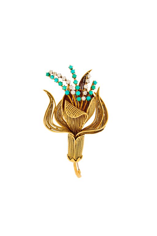 18k Gold Turquoise and Diamond Brooch