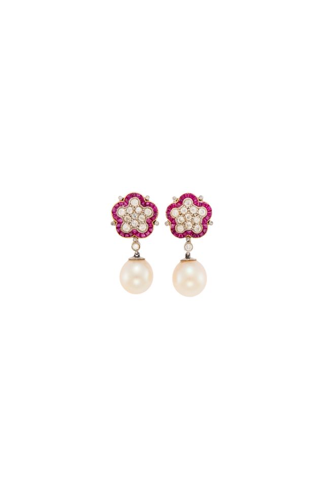Pair of Platinum and 14k Gold Multi-Gem Earrings