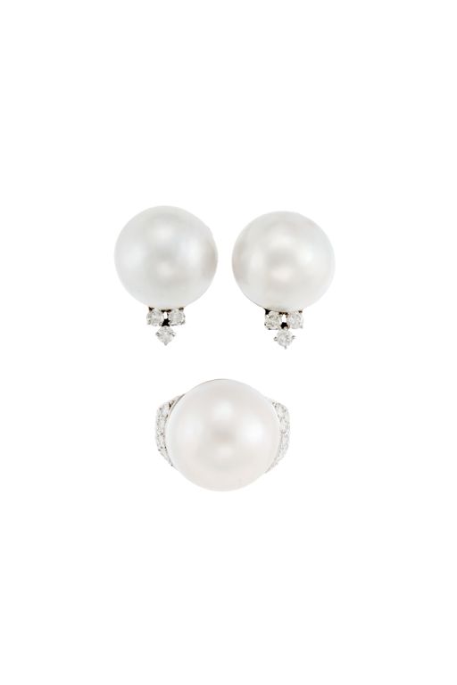 Gold Pearl and Diamond Ring and Earrings