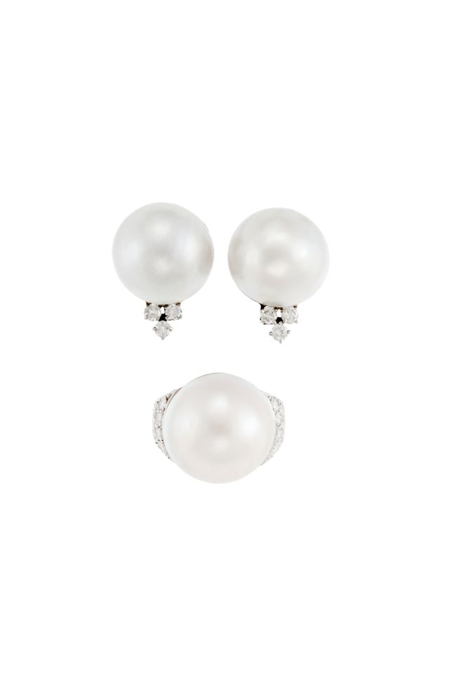 Gold Pearl and Diamond Ring and Earrings