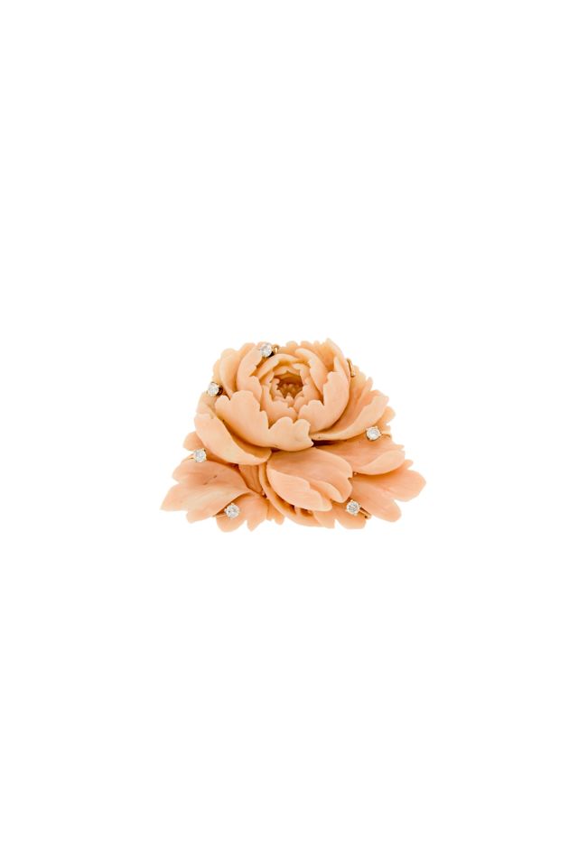 14k Gold Coral and Diamond Pendant-Brooch