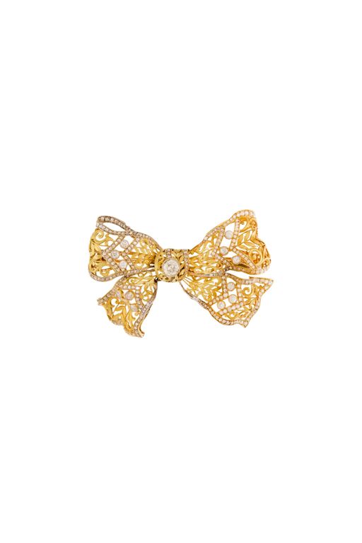 18k Gold and Platinum Diamond Bow Brooch