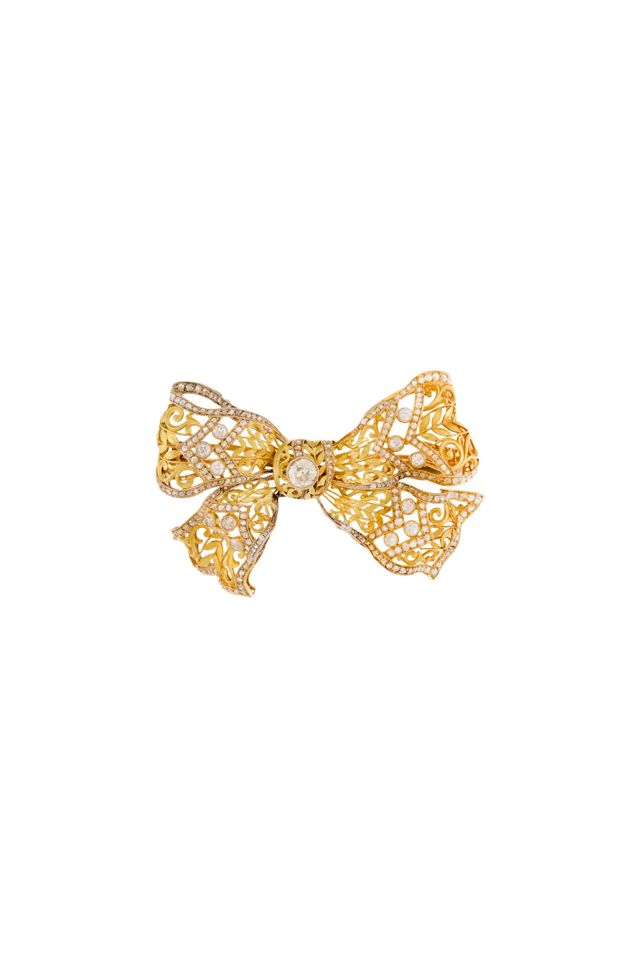 18k Gold and Platinum Diamond Bow Brooch
