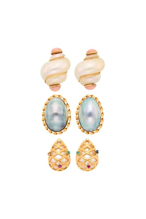 Three Pairs of 14k Gold Multi-Gem Earrings
