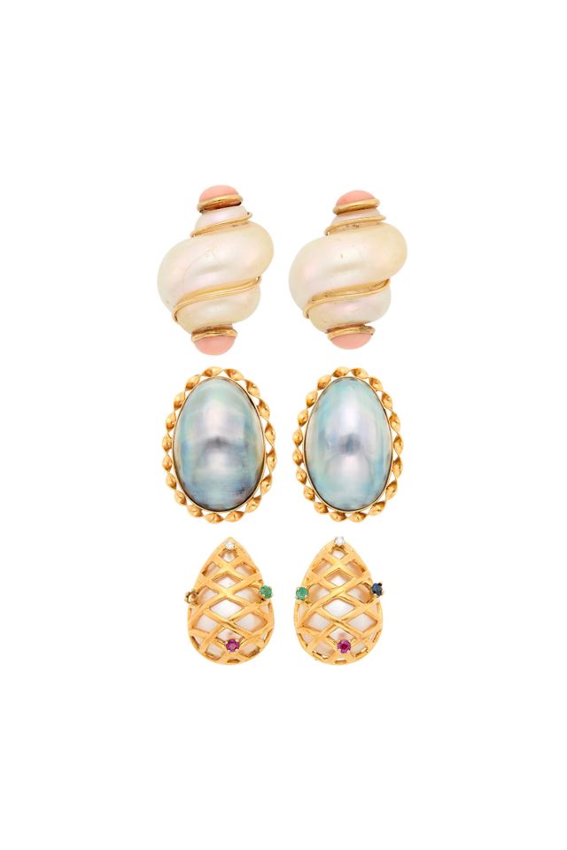 Three Pairs of 14k Gold Multi-Gem Earrings