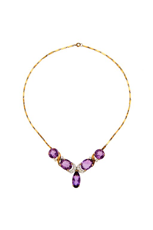 14k Gold Amethyst and Simulated Diamond Necklace