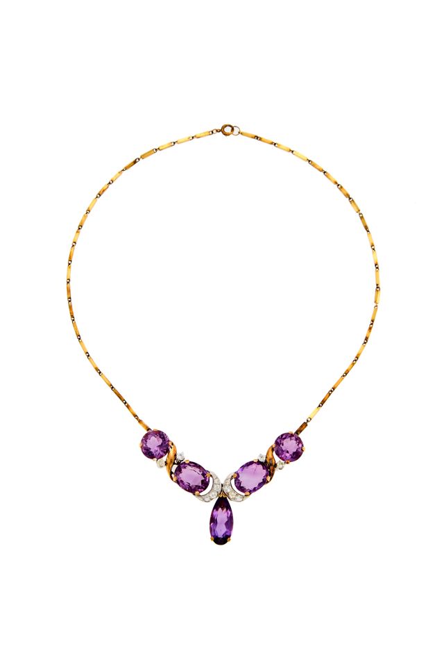 14k Gold Amethyst and Simulated Diamond Necklace