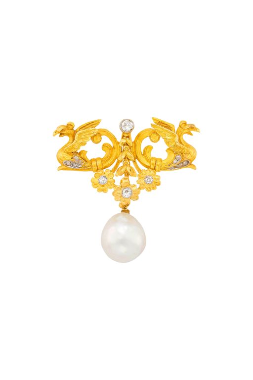 Gold Pearl and Diamond Griffin Brooch