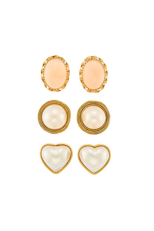 Three Pairs of Gold Pearl and Coral Earrings
