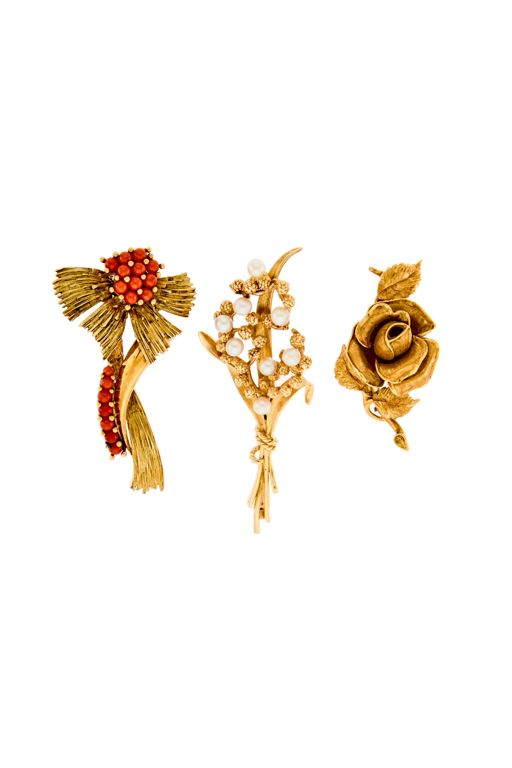 Three Gold Coral and Pearl Brooches