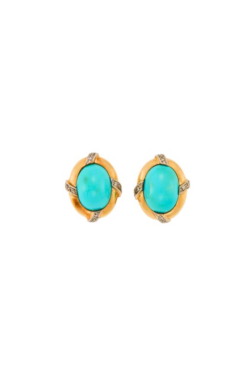 Pair of 14k Gold Turquoise and Diamond Earrings