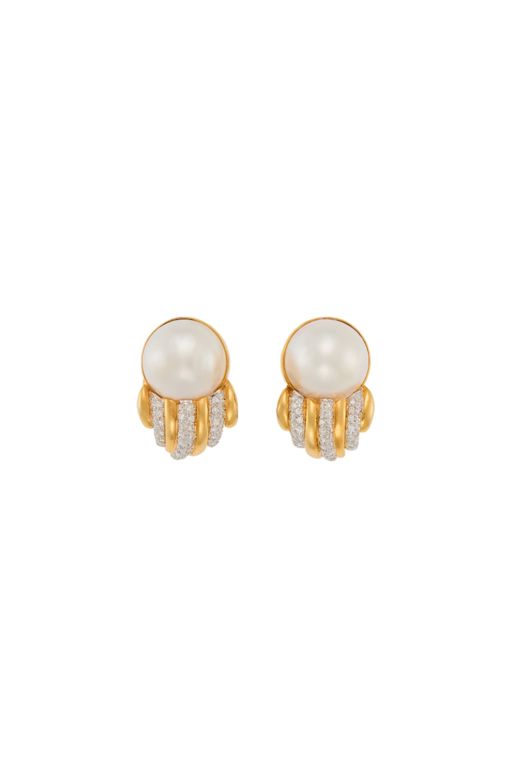 Pair of 14k Gold Pearl and Diamond Earrings