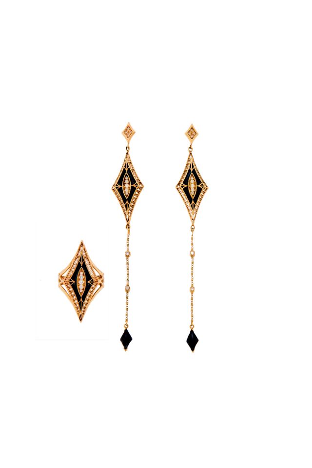 14k Gold Onyx and Diamond Jewelry Set