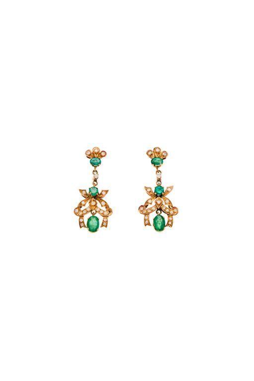 Pair of 14k Gold Emerald and Diamond Earrings