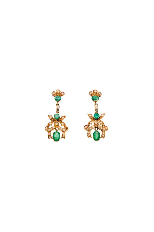 Pair of 14k Gold Emerald and Diamond Earrings