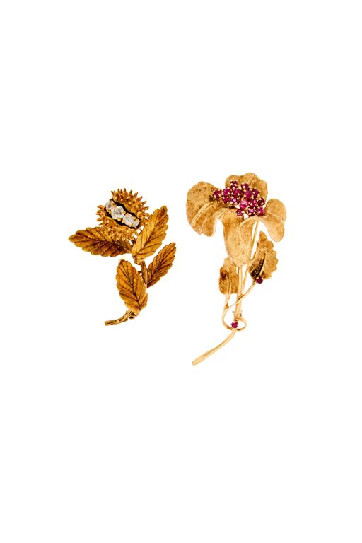 Two Gold Diamond and Ruby Brooches