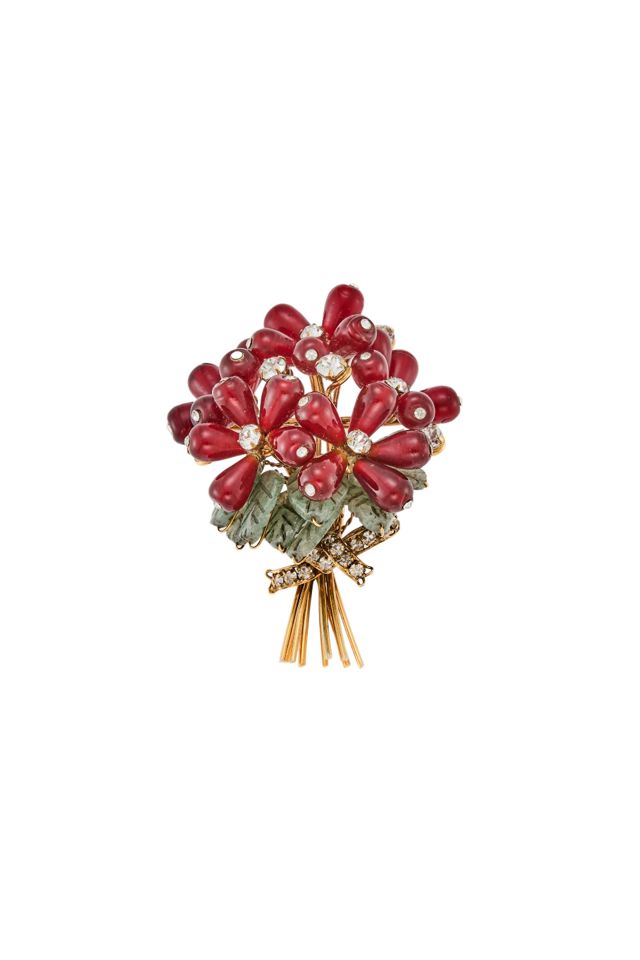 Gold-Plated Metal Glass and Jadeite Brooch