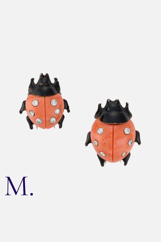 Two 18k Gold Coral and Diamond Ladybird Brooches