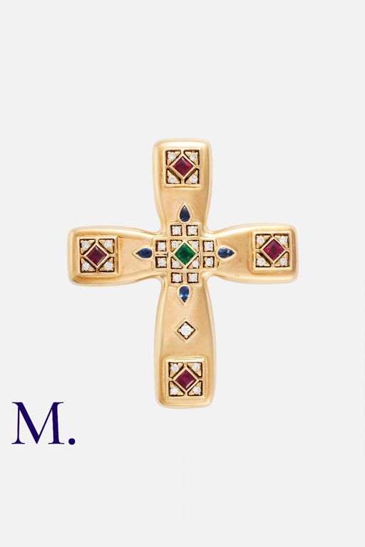 18k Yellow Gold Multi-Gem Cross Brooch/Pendant