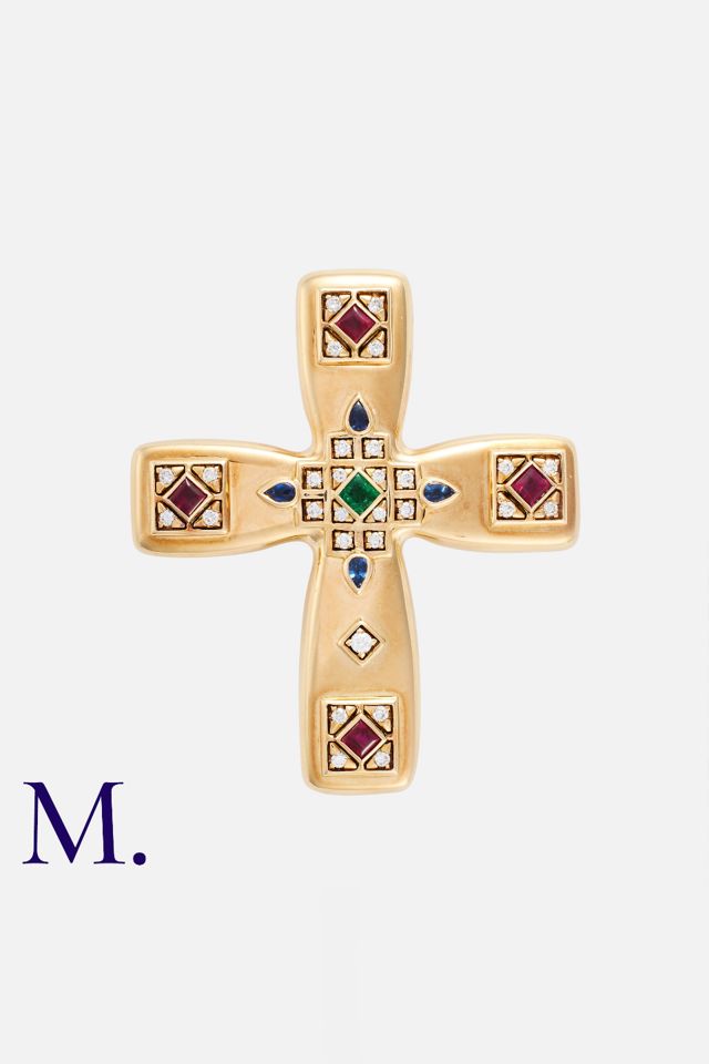 18k Yellow Gold Multi-Gem Cross Brooch/Pendant