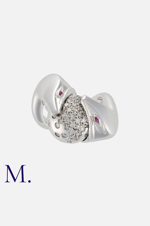 18k White Gold Diamond and Ruby Snake Ring