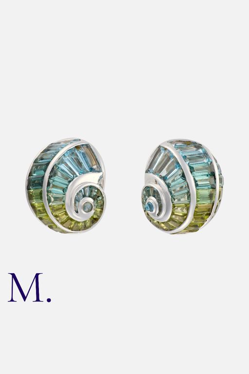 18k Gold Aquamarine and Peridot Shell Earrings