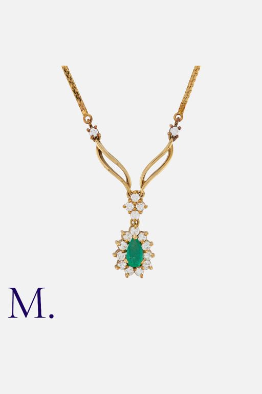 Yellow Gold Emerald and Diamond Pendant Necklace