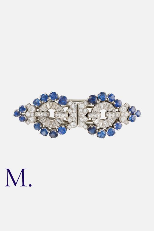 White Gold Sapphire and Diamond Double Clip Brooch