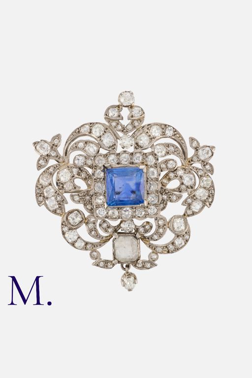 18k White Gold Sapphire and Diamond Brooch