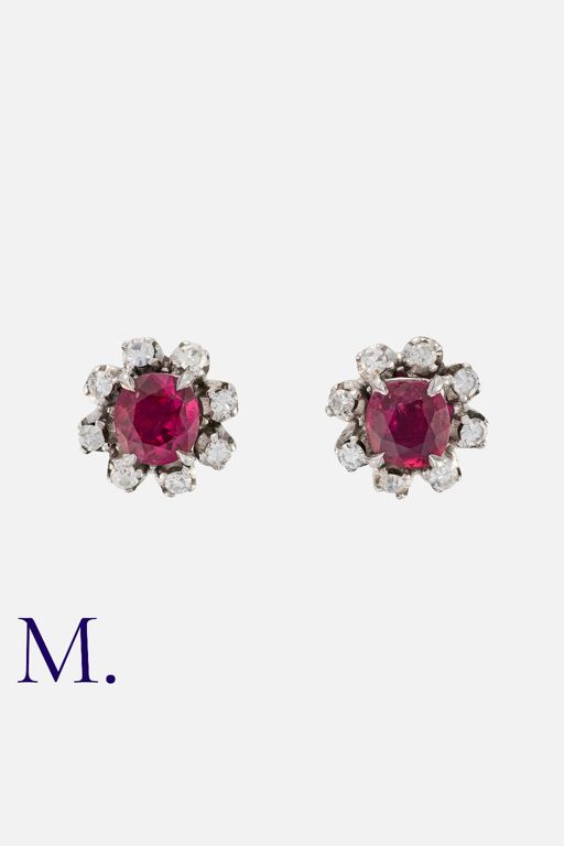 18k White Gold Ruby and Diamond Cluster Earrings