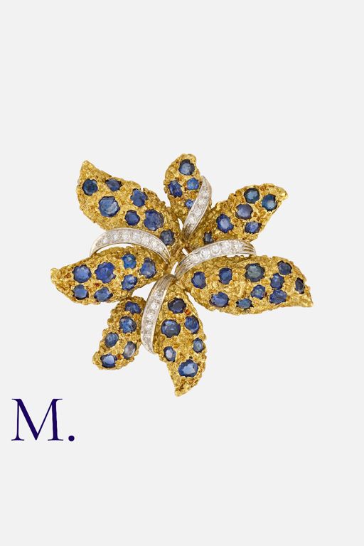18k Gold Sapphire and Diamond Floral Brooch