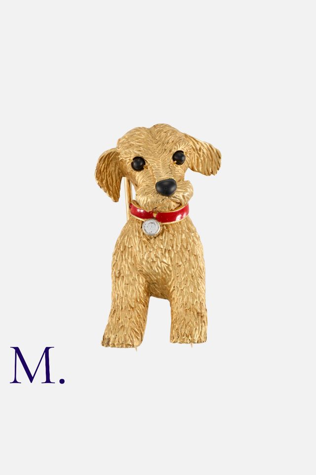 18k Yellow Gold and Enamel Diamond Dog Brooch