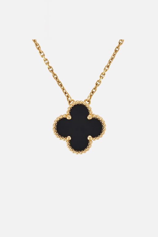 18k Yellow Gold Onyx Clover Pendant Necklace