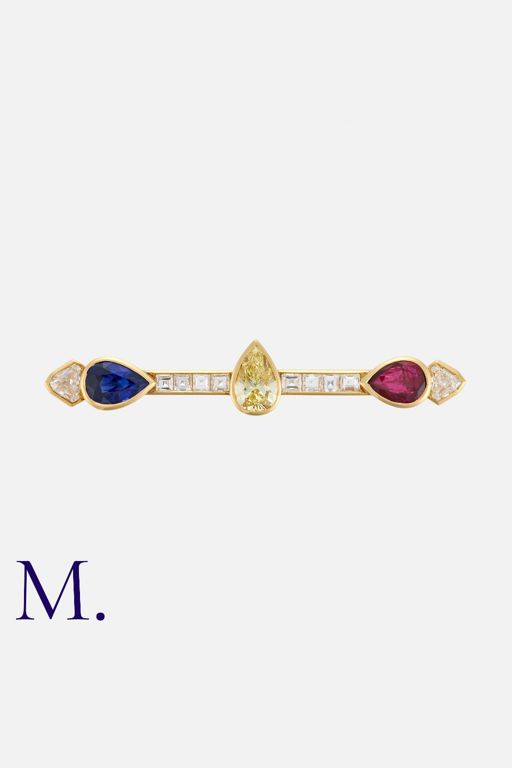 Yellow Gold Sapphire, Ruby and Diamond Bar Brooch