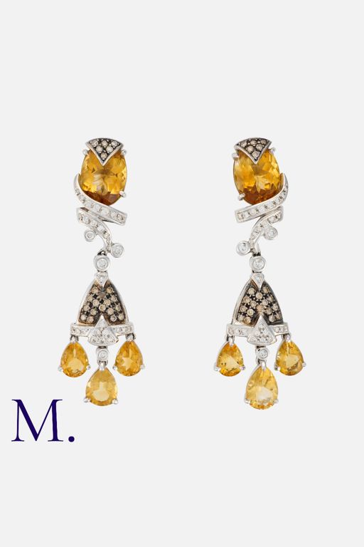 18k Gold Citrine and Diamond Pendant Earrings