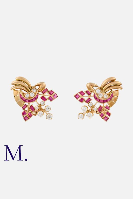 10k Yellow Gold Ruby and Diamond Floral Earrings