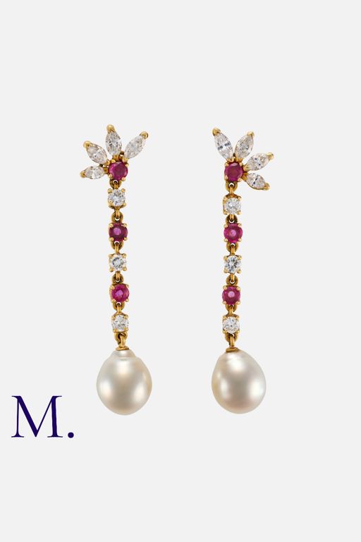 18k Gold Ruby, Pearl and Diamond Pendant Earrings