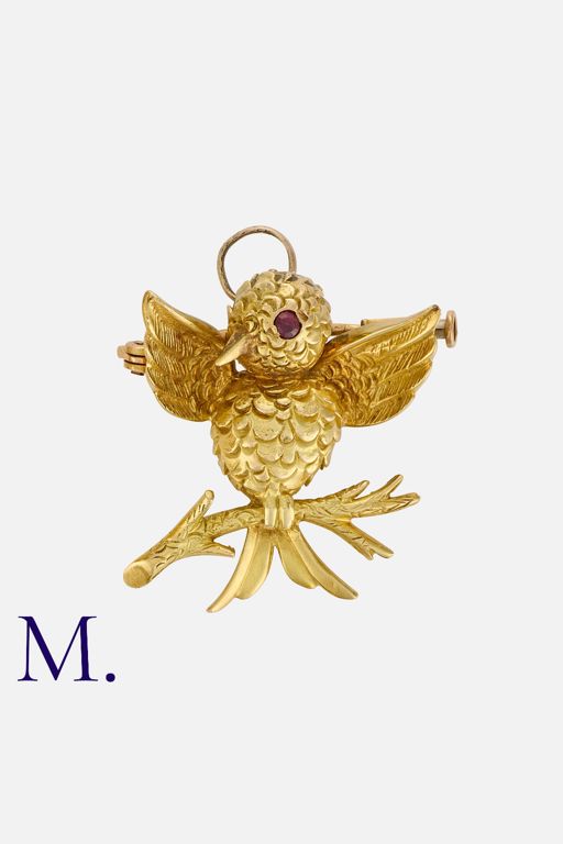 18k Yellow Gold Ruby Bird Pendant/Brooch