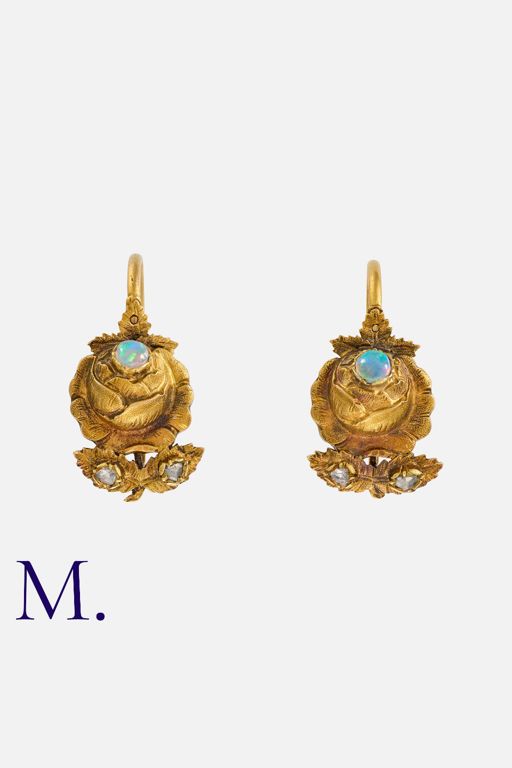 18k Yellow Gold Opal and Diamond Floral Earrings