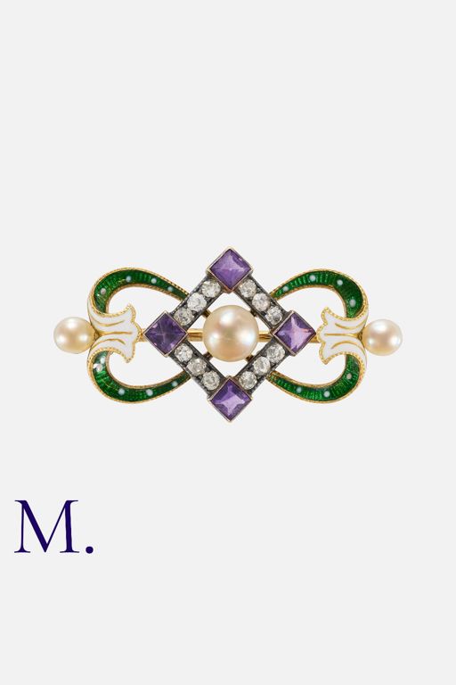 18k Yellow Gold and Silver Multi-Gem Brooch