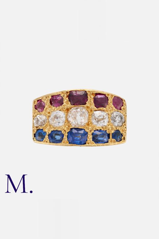 18k Yellow Gold Ruby, Sapphire and Diamond Ring