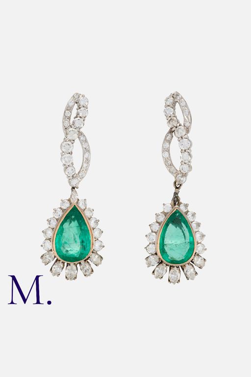 18k Gold Emerald and Diamond Pendant Earrings