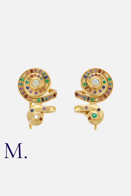 18k Yellow Gold Multi-Gem Spiral Earrings
