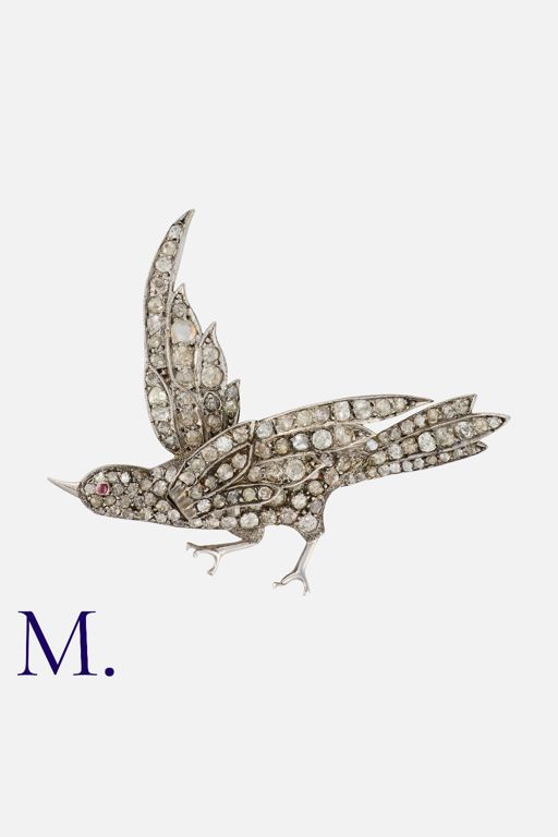Gold and Silver Ruby and Diamond Bird Brooch