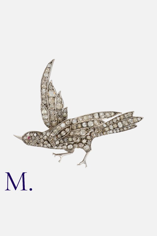 Gold and Silver Ruby and Diamond Bird Brooch